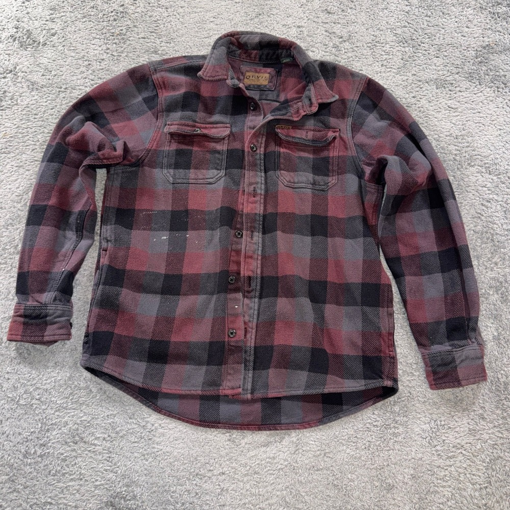 Orvis Classic Collection Flannel Shirt Mens Medium Burgundy Gray Buffalo Plaid